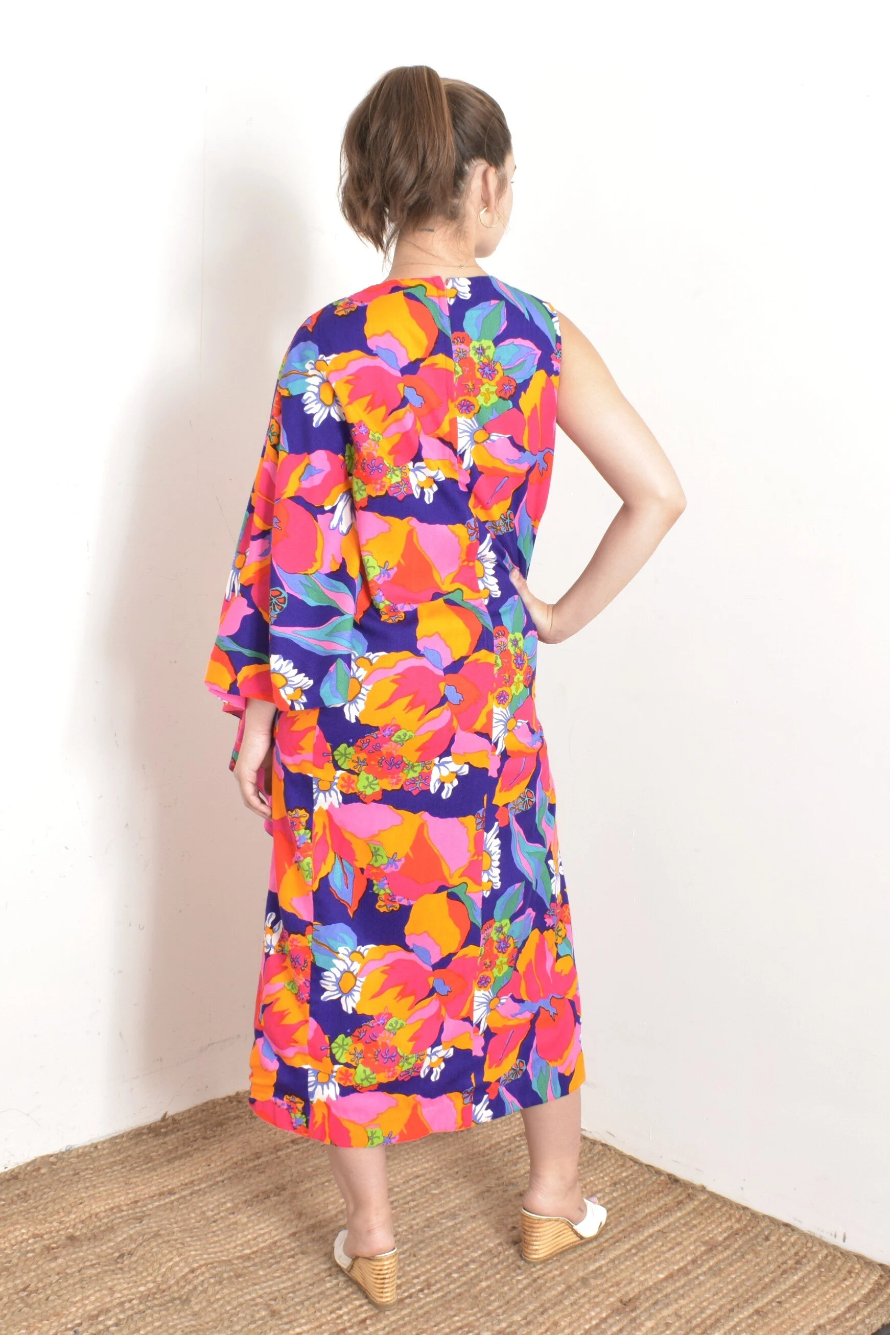 1960s Tori Richard One Shoulder Floral Caftan-S/M — La